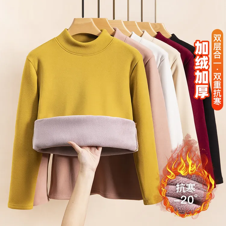 秋冬新款加厚加绒半高领打底衫女士保暖内搭大码百搭休闲洋气上衣