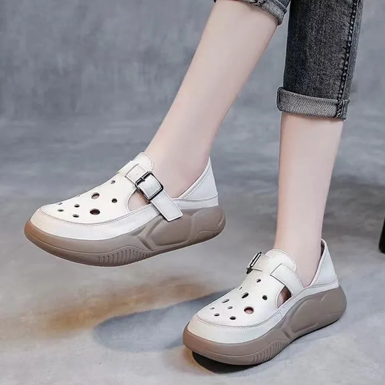 女鞋洞洞鞋圆头松糕跟低帮女包头复古单鞋平跟软底休闲春夏