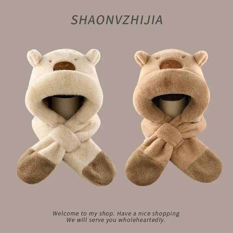 可爱卡皮巴拉毛绒帽子围巾一体两件套女秋冬防寒加厚保暖骑行帽子