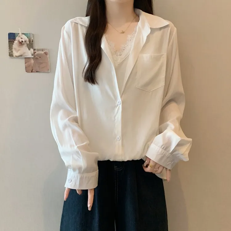 大码假两件蕾丝拼接长袖衬衫女春秋胖MM宽松显瘦百搭洋气法式上衣
