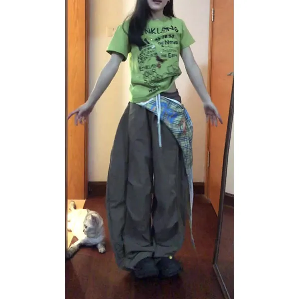（现货）美式复古趣味丘比特卡通印花短袖T恤女夏短款上衣长裤套装