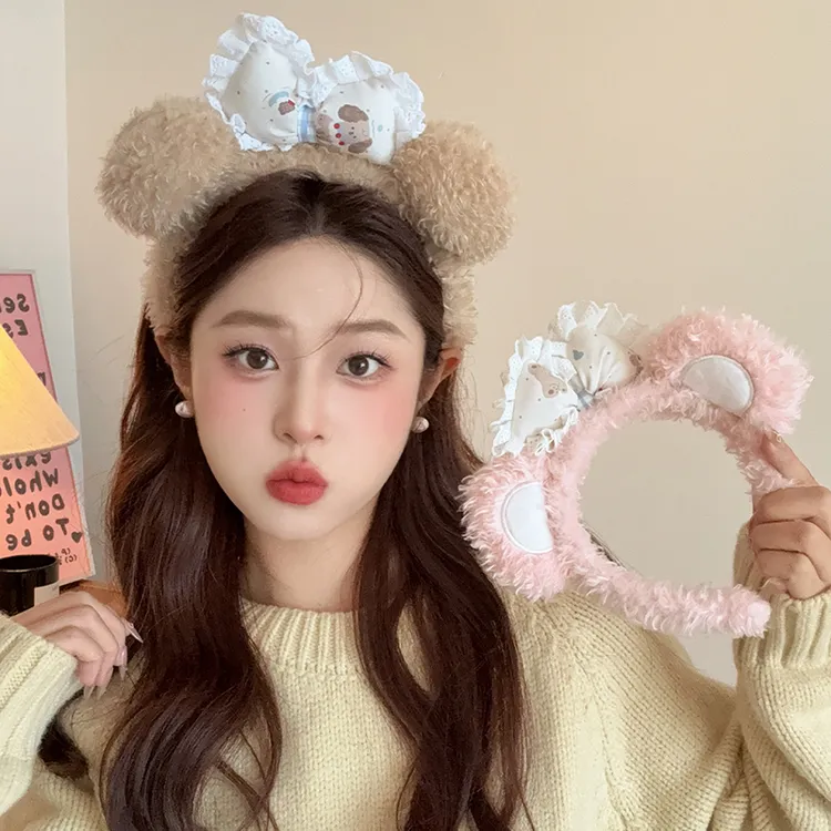可爱毛绒小熊发箍少女心毛茸茸甜美蝴蝶结压发头箍女洗脸百搭发饰