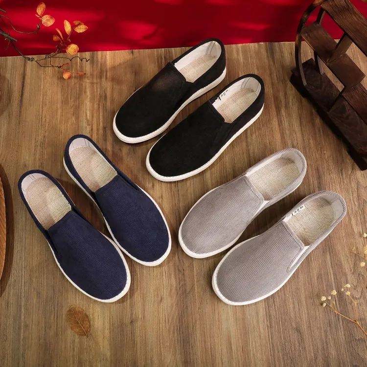 京紫红条绒灯芯绒上班老北京千层底布鞋透气防滑父亲鞋一脚蹬