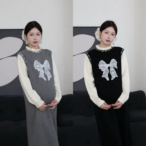 senenmu【蝴蝶效应】秋冬新款宽松遮肉显瘦孕妇装假两件针织连衣裙