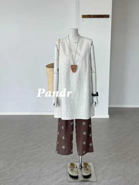 2025夏季新款老钱风麻本色设计感显瘦无袖背心裙叠穿复古阔腿裤