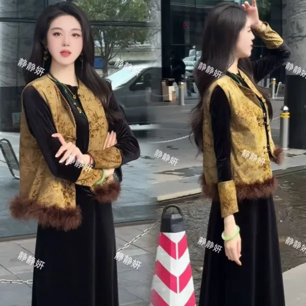 中式复古提花无袖马甲秋冬气质国风新款外套打底衫两件套新中式潮