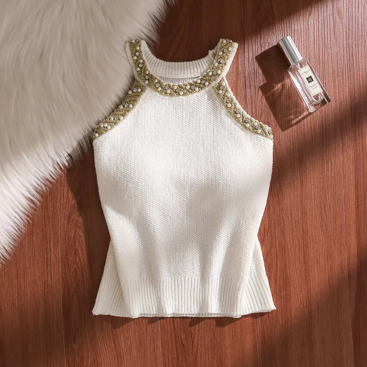 重工珍珠挂脖针织背心女2025夏款辣妹削肩小吊带纯欲无袖修身上衣