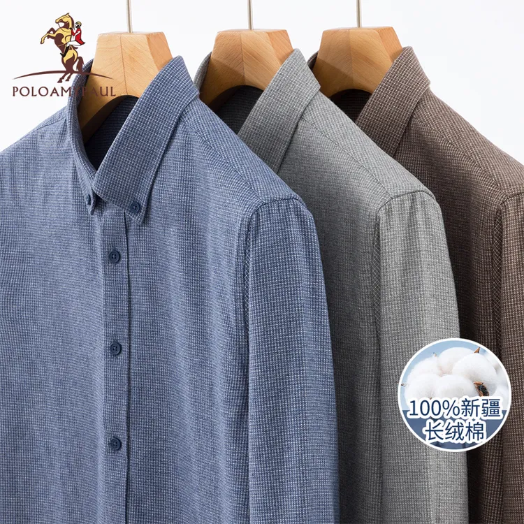 【100%纯棉】男款长袖衬衫千鸟格磨毛翻领中青年休闲宽松全棉衬衣男