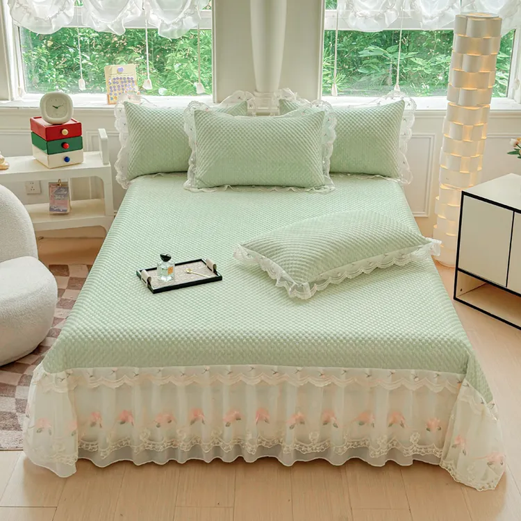 简约母婴级凉感冰豆豆凉席床裙款三件套少女心舒适PE中分子可机洗