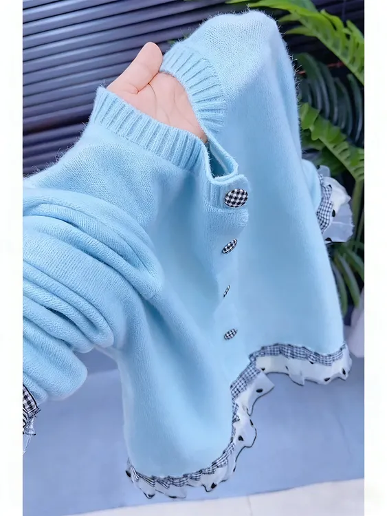 韩系显白奶蓝波点网纱拼接花边针织开衫轻奢高级感木耳边上衣女装