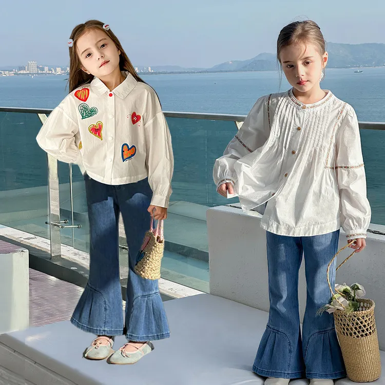 【100%棉•公主娃娃衫套装】女童时髦纯棉衬衫牛仔裤两件套新欧若风