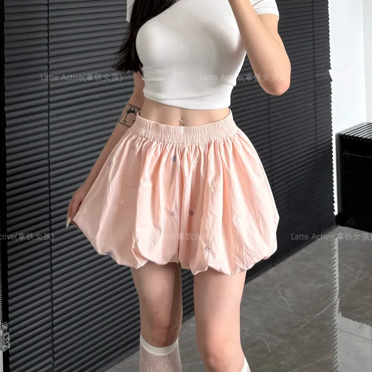 拿铁女孩高腰显瘦花苞半身蓬蓬裙裤女夏季防走光A字裙健身服短裙
