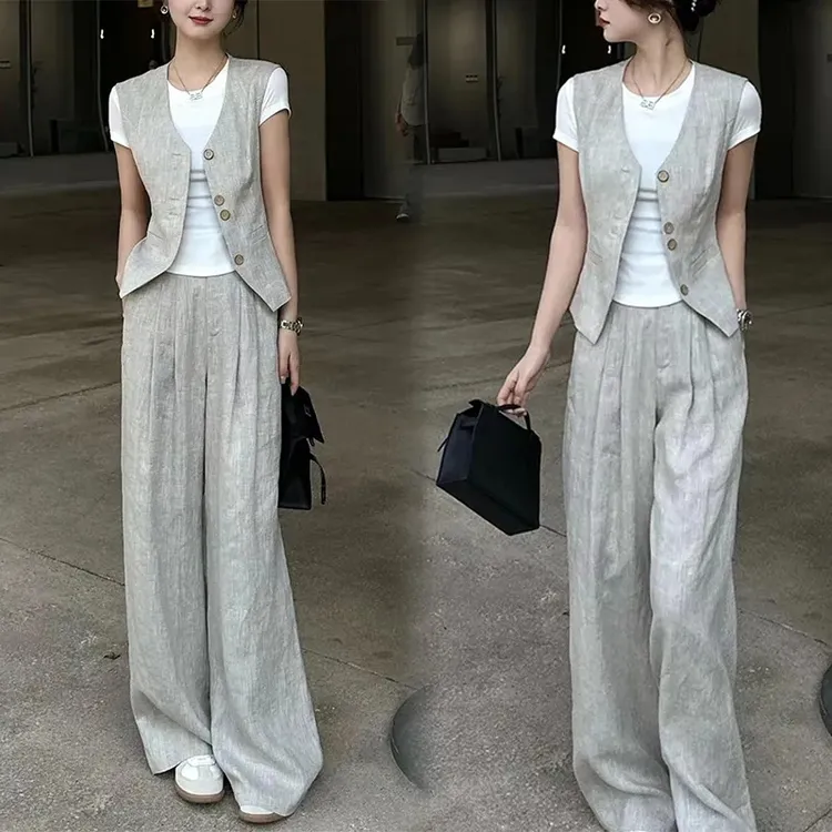 时尚气质套装女2025夏季新款高级感马甲背心纯色T恤阔腿裤三件套
