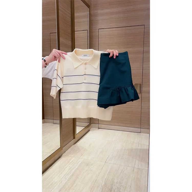 韩系设计感条纹拼接Polo短袖针织衫女夏季超好看独特显瘦短裙套装