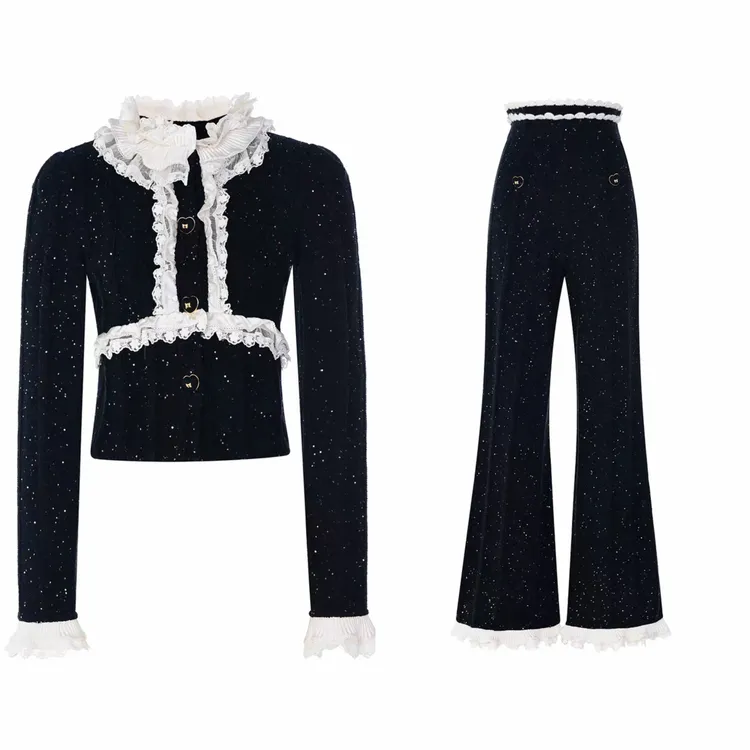 黑白拼接泡泡袖针织上衣长裤