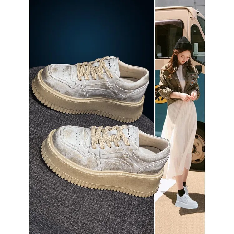 【万达撤柜】2025春季新款厚底休闲板鞋松糕鞋女小个子小白鞋内增高