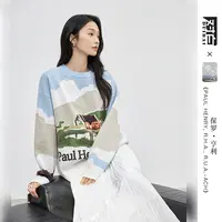 对白艺术画作联名宽松休闲圆领毛衣女2025秋新款设计感提花针织衫