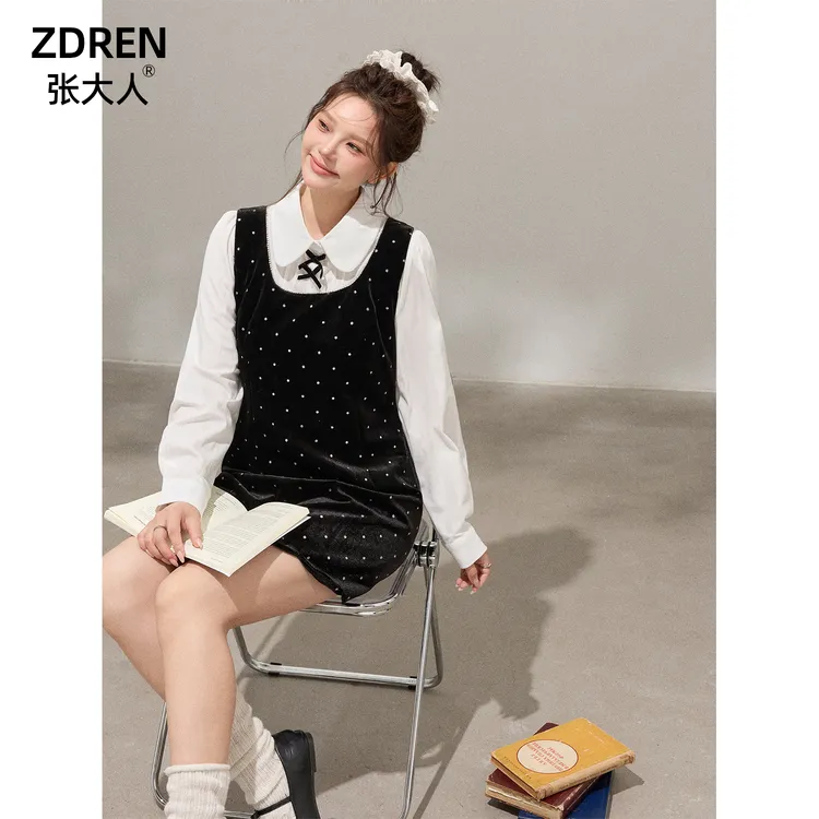 张大人【嘉伯利千金】大码女装微胖妹妹甜妹娃娃领衬波点丝绒背带裙