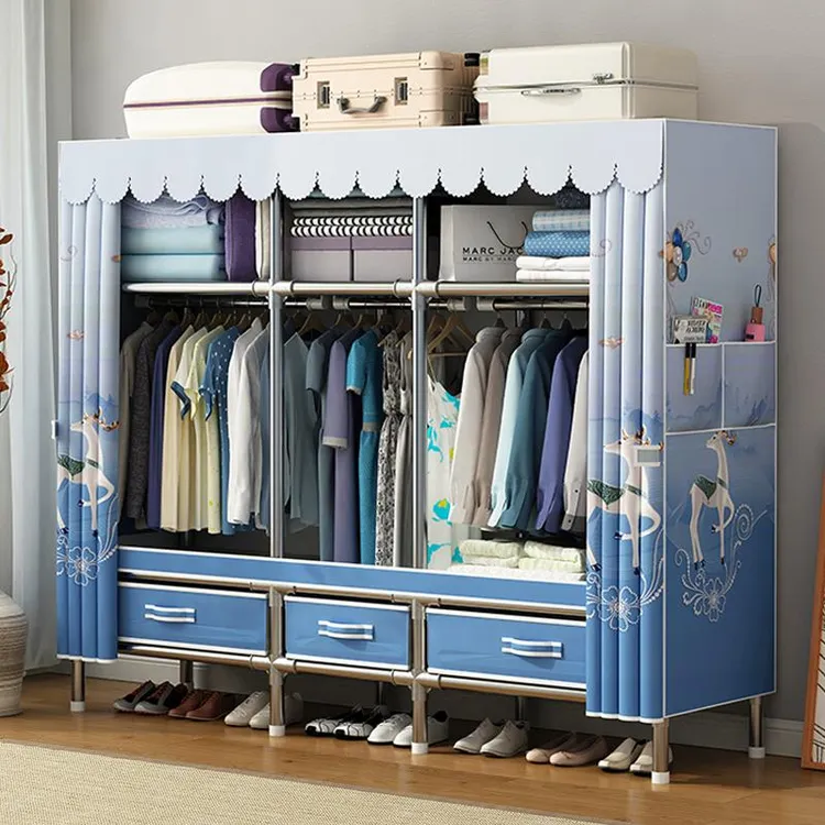 衣柜家用卧室全钢架组装结实耐用钢管加粗简易布衣柜带抽屉衣橱