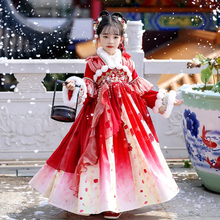 hls8803女童汉服秋冬款古装国风连衣裙加绒冬季儿童古风公主裙子