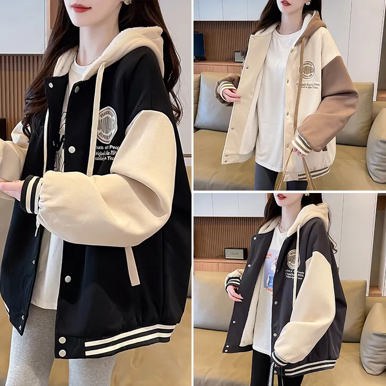 加厚羊羔毛棒球服外套女秋冬季加绒新款初高中学生连帽保暖棉衣服