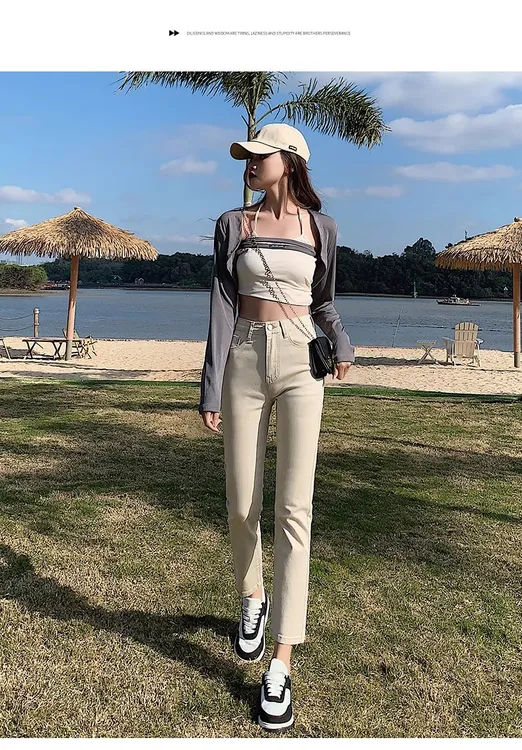 宽松裤子夏季高腰弹力九分裤九分春季糖果色裤子牛仔裤修身