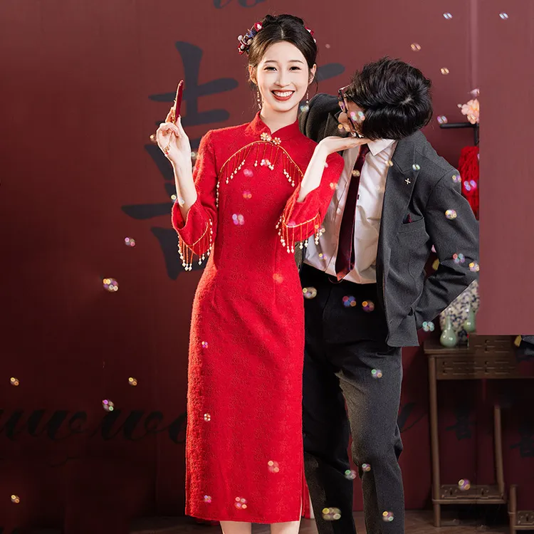 【喜满良辰】红色中式改良旗袍复古中长袖婚礼新娘结婚订婚敬酒服