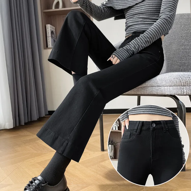 蜜蜜穿搭黑色四面弹微喇牛仔裤女2025秋冬季修身小个子九分喇叭裤