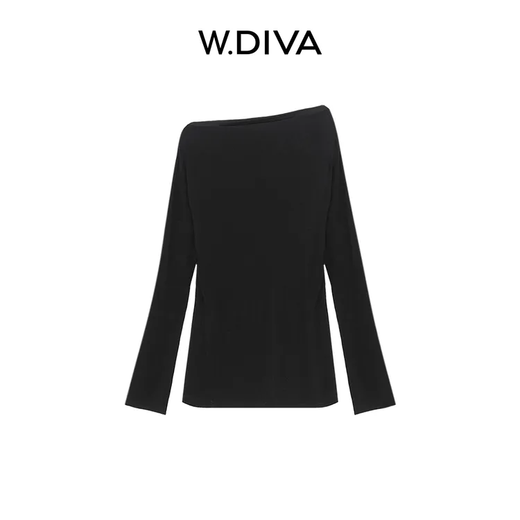 W.Diva【倾慕】桑蚕丝天丝醋酸斜肩氛围感美人荡领T恤女53T192472