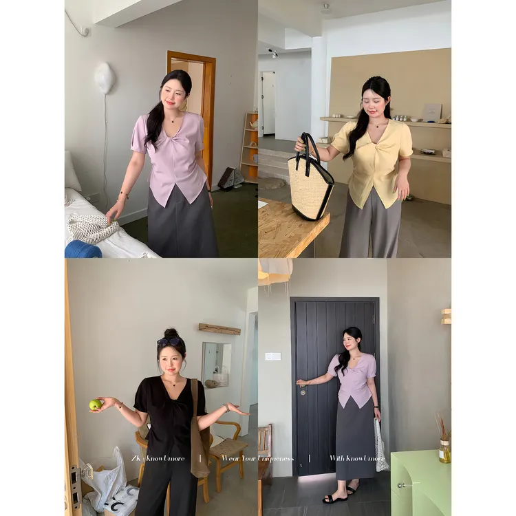 知葵微胖定制【轻氧特调】夏季V领扭结多色短袖衬衫12252CS7391