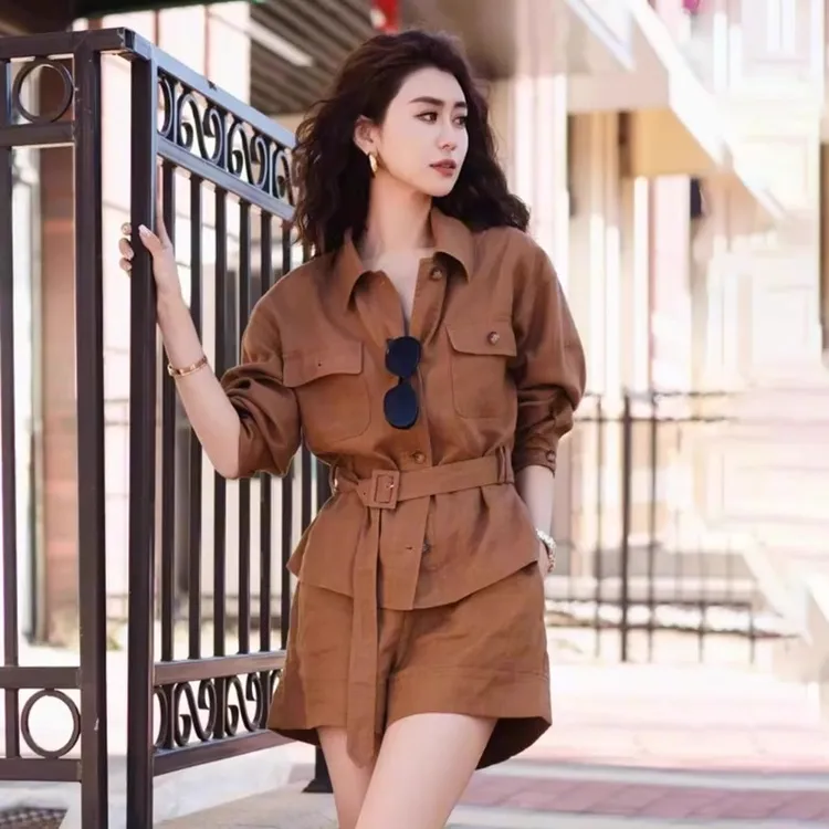 酷飒夏季慵懒穿搭小个子套装女休闲polo领长袖工装衬衫短裤两件套