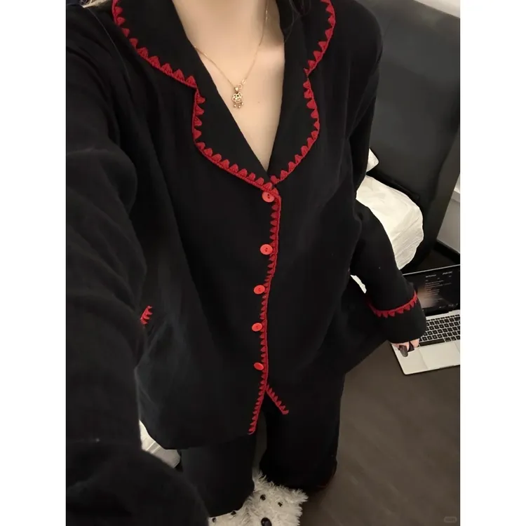 韩版简约撞色气质棉纱睡衣女春秋新款长袖长裤慵懒舒适家居服套装