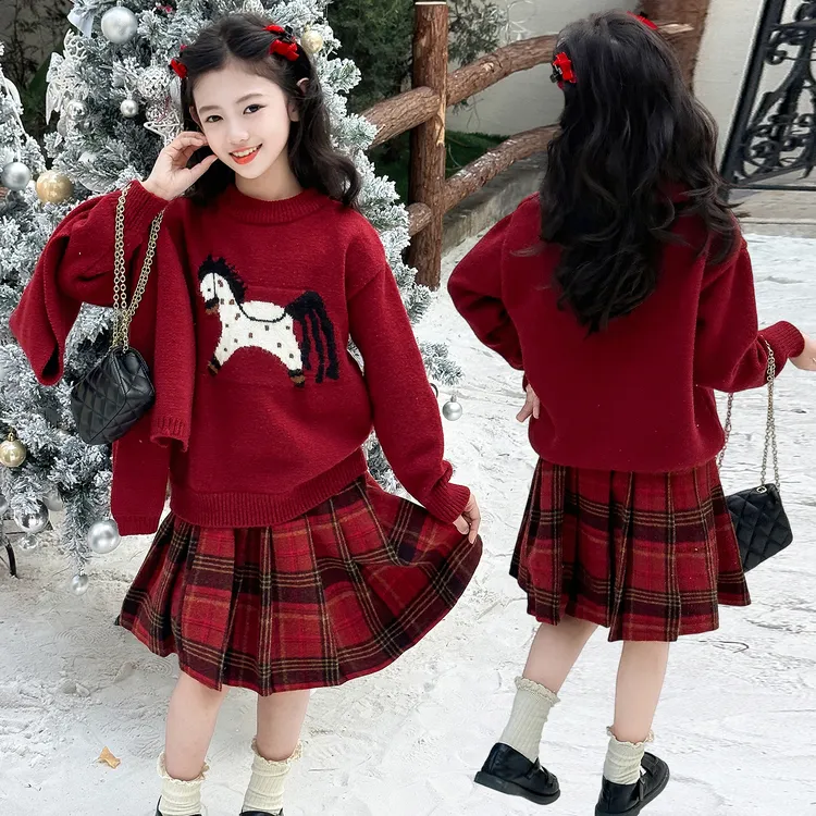 女童围巾卡通毛衣冬季新款儿童红色毛衣洋气女孩百褶裙宝宝新年装