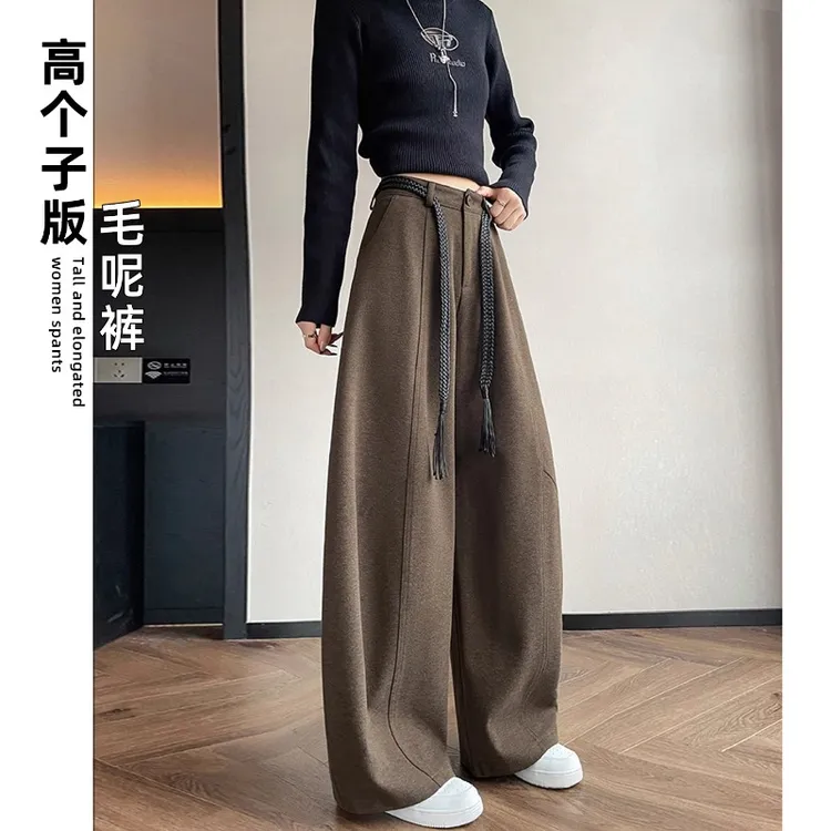 加长裤子女高个子冬加厚毛呢阔腿拖地裤高腰宽松休闲弯刀裤超长版