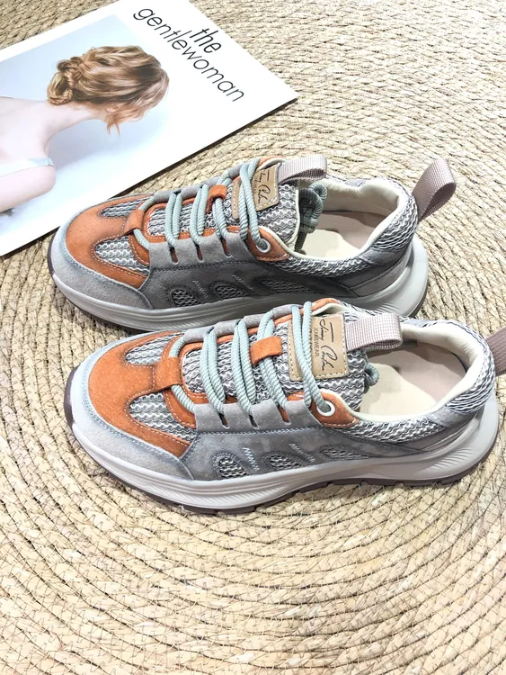 透气网面软底外出运动风休闲女款圆头拼色百搭款舒适老爹鞋