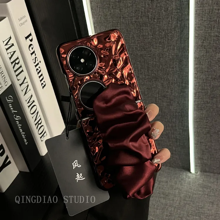适用华为p50 pocket 2手机壳折叠屏冷淡风酒红褶皱丝巾手腕保护套