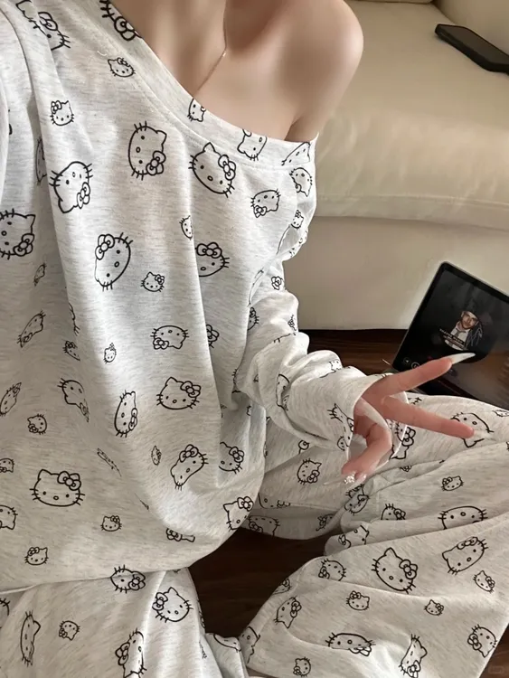 ins网红慵懒风kitty猫露肩睡衣女春秋季新款套装家舒适可外穿居服