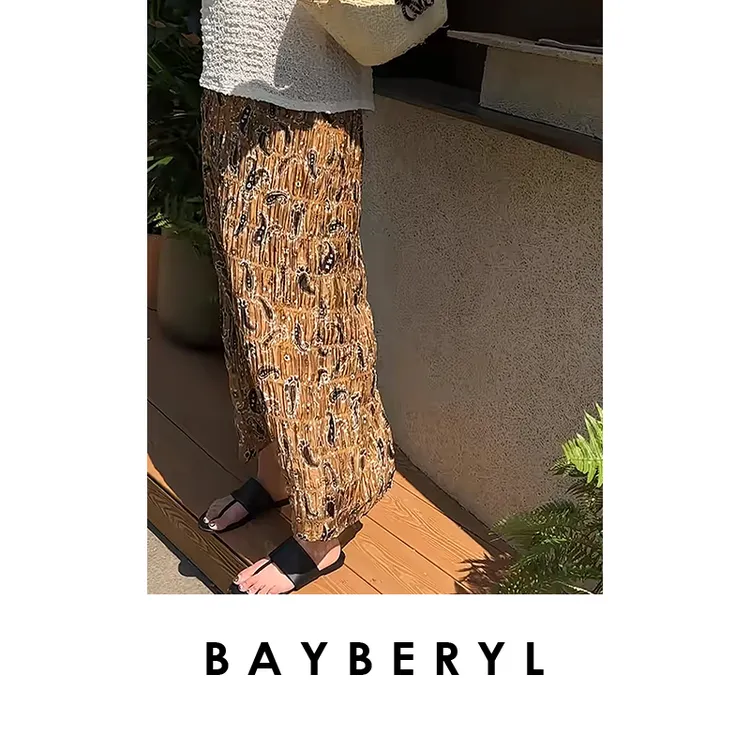 CC09-BAYBERYL老贝腰果花丝棉异域度假复古金棕半身裙YQ5E2360