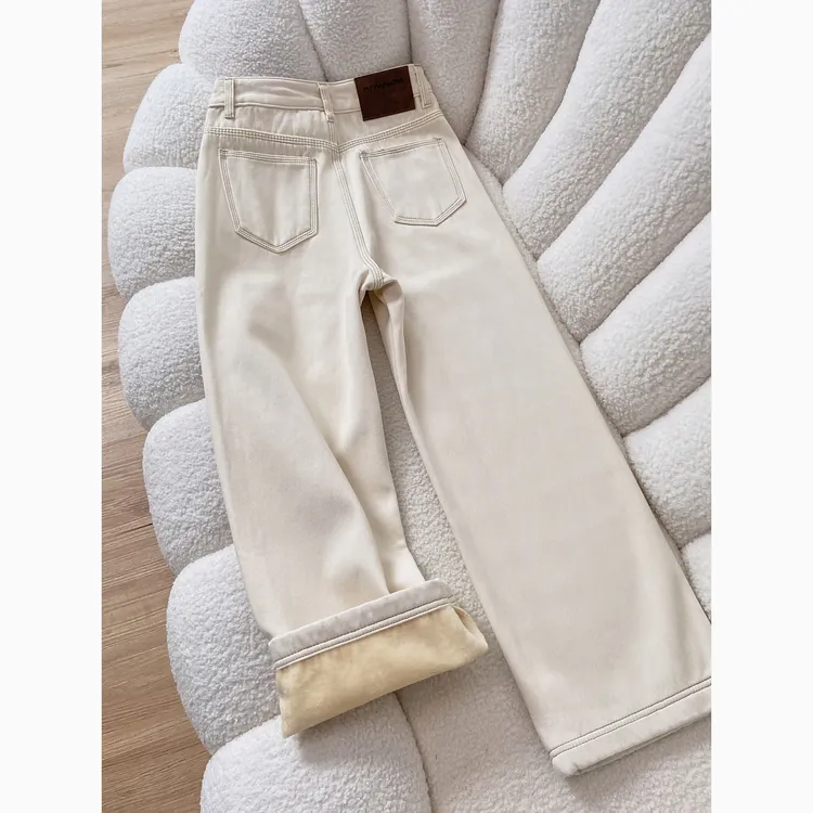 加绒加厚白色阔腿牛仔裤女秋冬季2025新款高腰小个子杏色直筒裤子