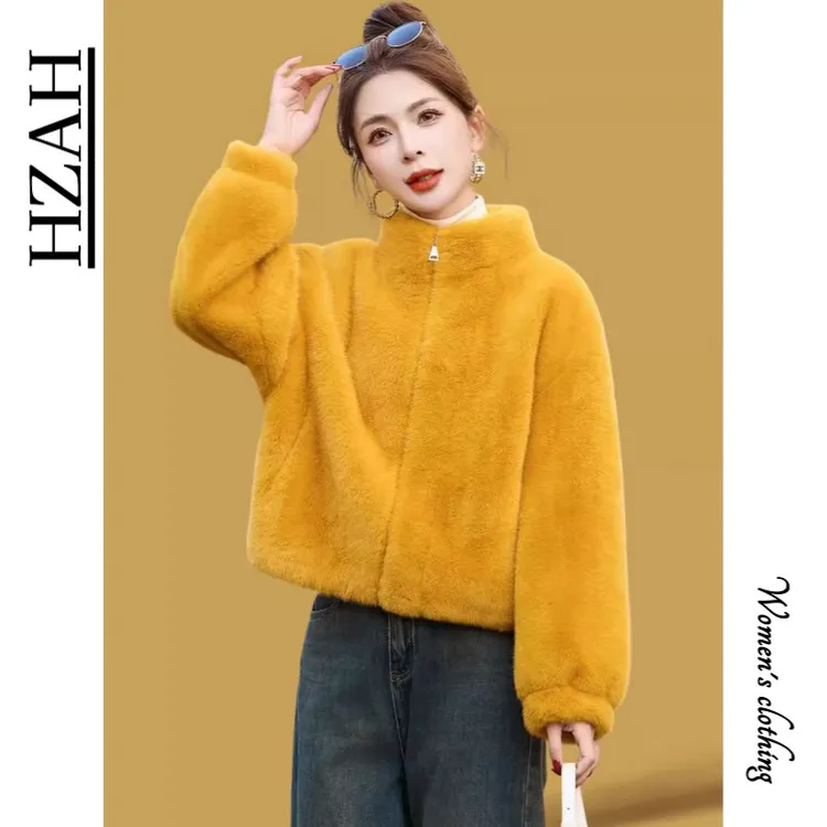 HZAH官方短款小香风毛绒水貂外套女冬季气质显瘦皮毛一体环保皮草