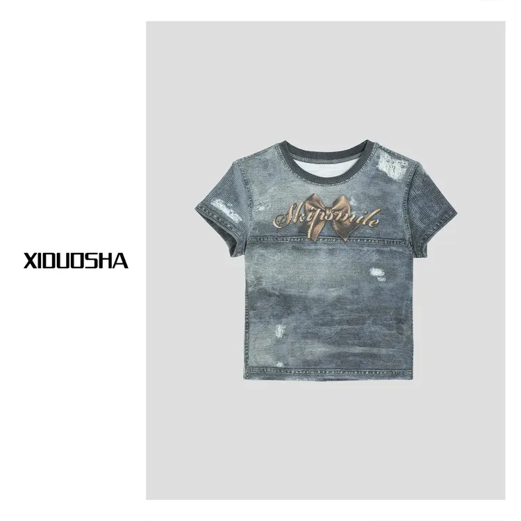 XIDUOSHA/喜朵莎夏款新品防牛仔洗水棉T恤XDS1403