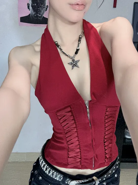美式红色挂脖拉链鱼骨吊带背心女夏季设计感短款美背辣妹无袖上衣