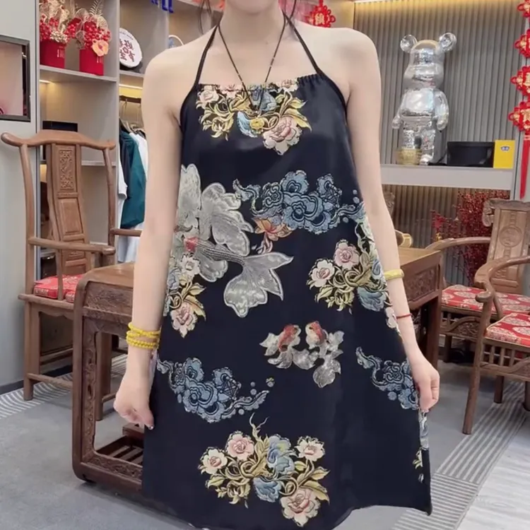 夏季新款宽松中国风吊带背心裙女民族风碎花系带露背外穿