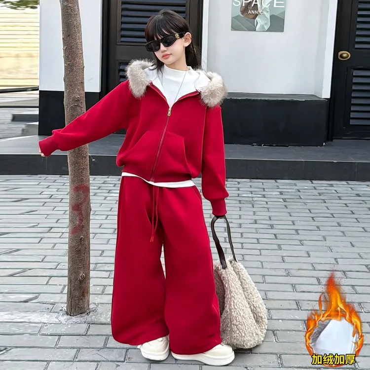 女童加绒套装儿童新年服套装大童初中生连帽卫衣休闲洋气过年衣服