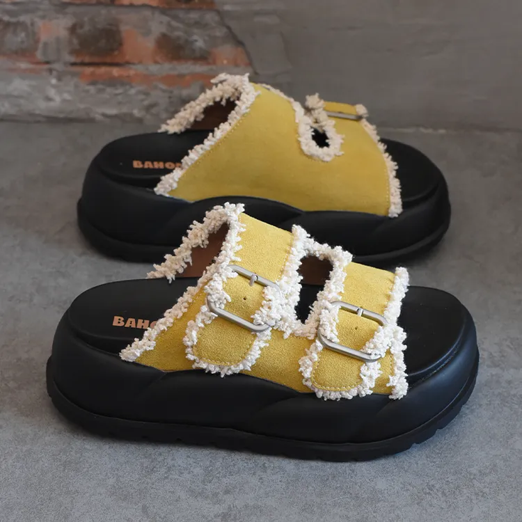 BAHONGLY/栢香妮磨砂皮厚底一字拖鞋女2025夏季新款休闲沙滩凉拖