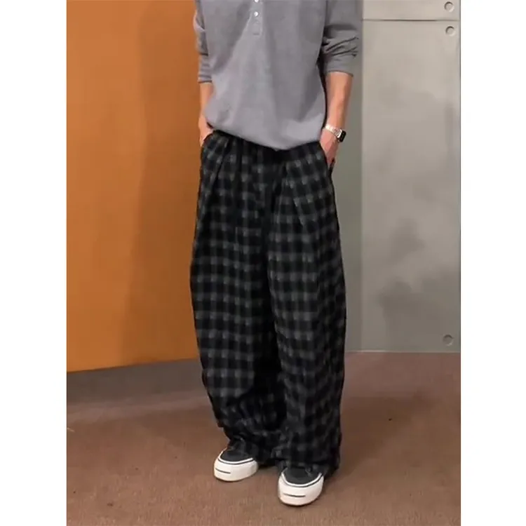 美式复古格子裤子男秋季高级感垂感弯刀阔腿裤慵懒风直筒休闲长裤