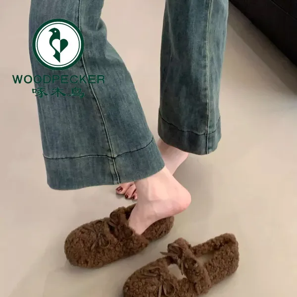 啄木鸟法式平底蝴蝶结一字带甜美玛丽珍毛毛鞋女冬季外穿加绒棉鞋