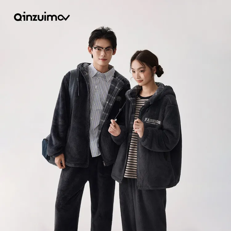 亲嘴猫暖暖绒加厚保暖连帽情侣休闲可外穿睡衣家居服两件套装秋冬