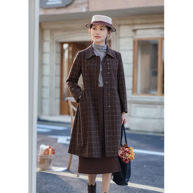 红念复古格子毛呢大衣女中长款设计感2025年秋冬新款女装呢子外套