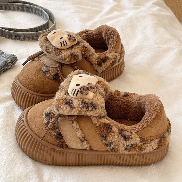 时尚复古加绒棉拖鞋女冬季外穿可爱豹纹kt防滑厚底包跟保暖棉鞋女